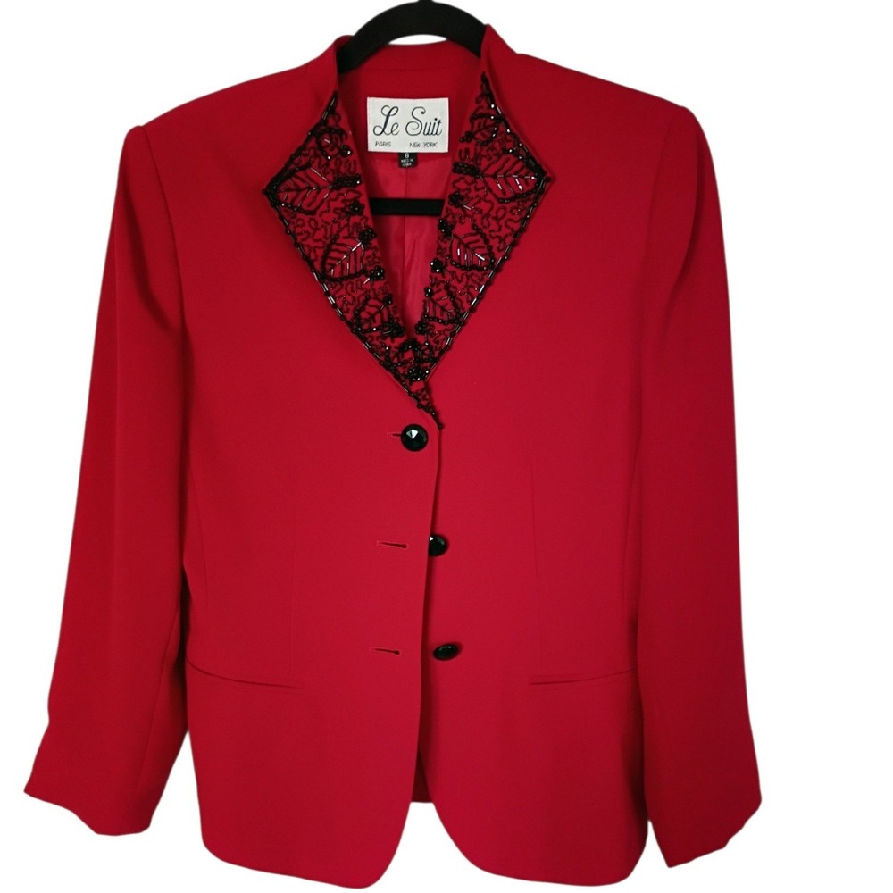 Le Suit Vintage Womens Red Beaded Collar Button Front Blazer Jacket Size 8